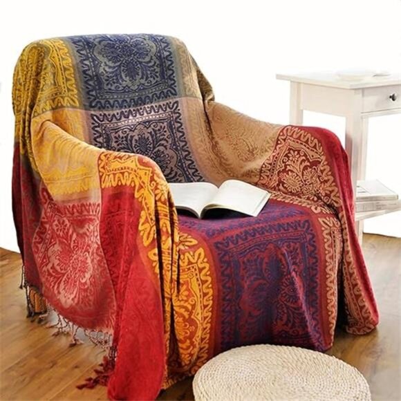 Boho Throw Blanket, Chenille Jacquard Tassels Throw Blankets for Bed Couch Soft - Picture 7 of 7